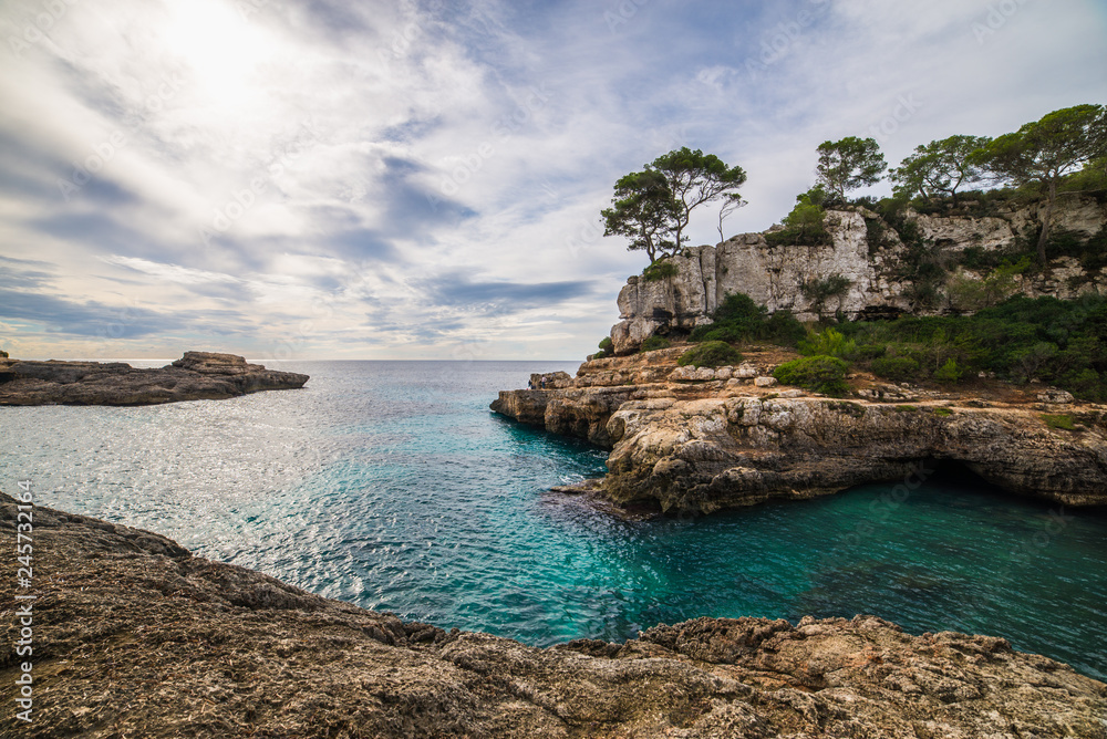 Seaside view from Cala Moro S'Almonia, beautiful wild natural beach on Mallorca island Seaside view from Cala Moro S'Almonia, beautiful wild natural beach on Mallorca island