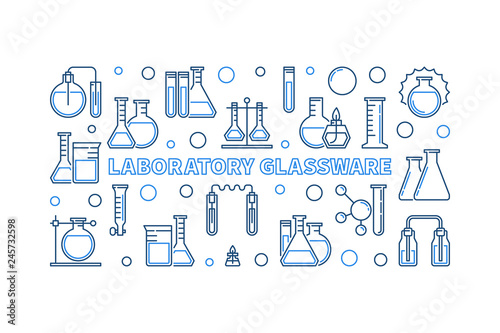 Laboratory Glassware vector concept blue outline horizontal illustration on white background