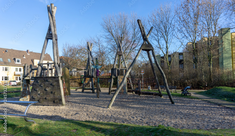 Fototapeta premium Empty kids playground. wooden playground. nature eco