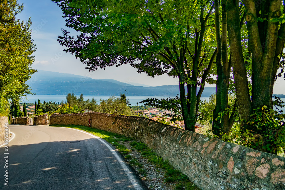 View on the Garda lake from the hills of toscolano Maderno, Brescia - Italy