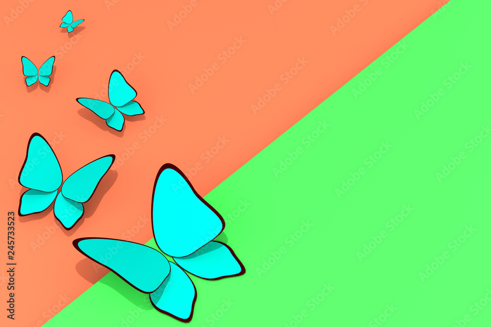 Blue butterflies on green orange background with copy space seasonal 3D illustration Blue butterflies on green orange background with copy space seasonal 3D illustration