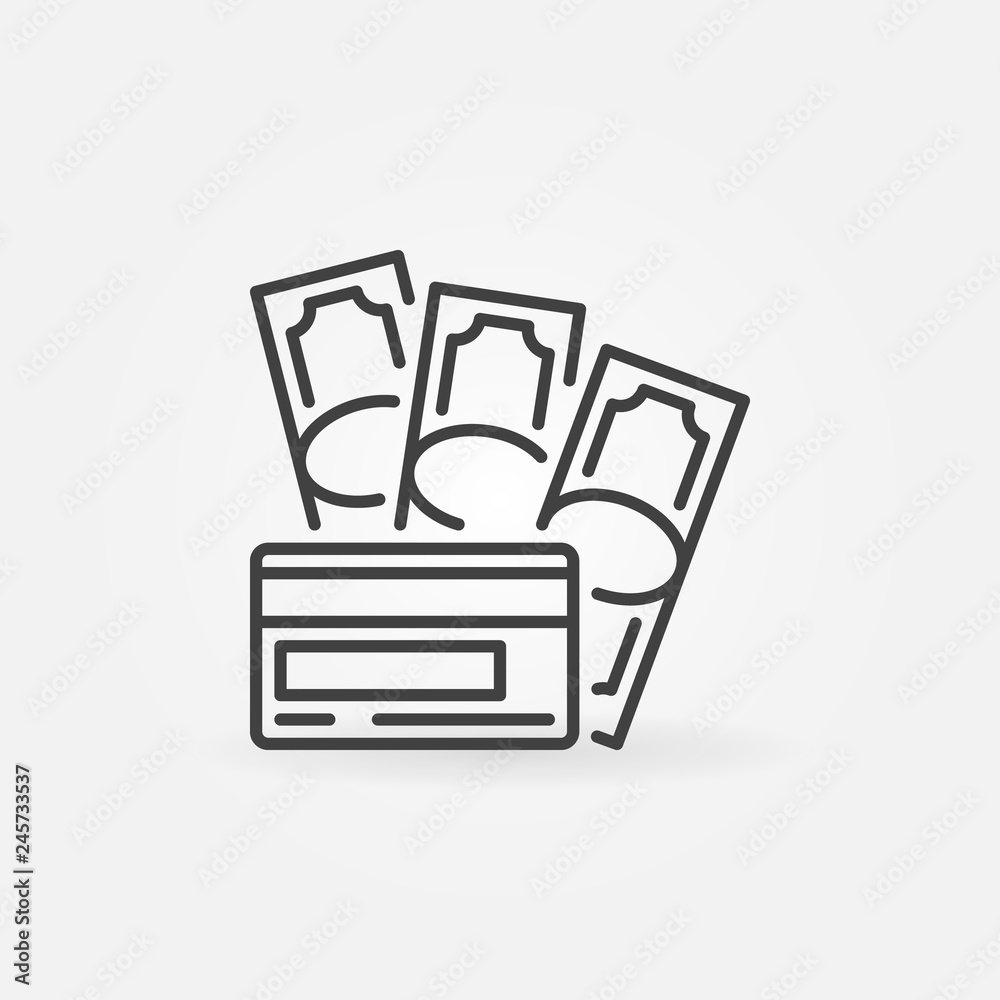Banknotes with credit card vector outline icon. Cash with card concept symbol in thin line style Banknotes with credit card vector outline icon. Cash with card concept symbol in thin line style