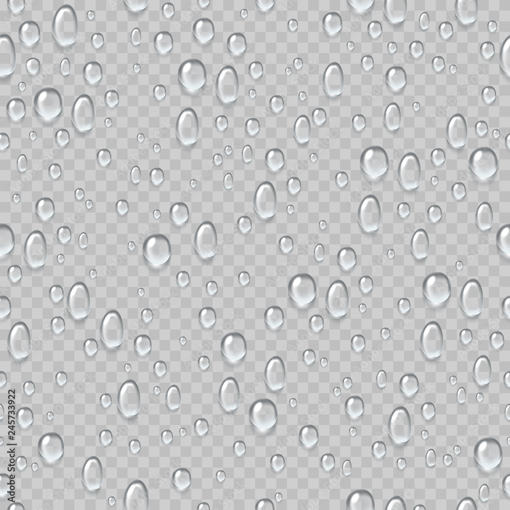 Water drops seamless pattern. Rain droplets on window fogged glass. Fresh drop raindrops. Condensation watering isolated
