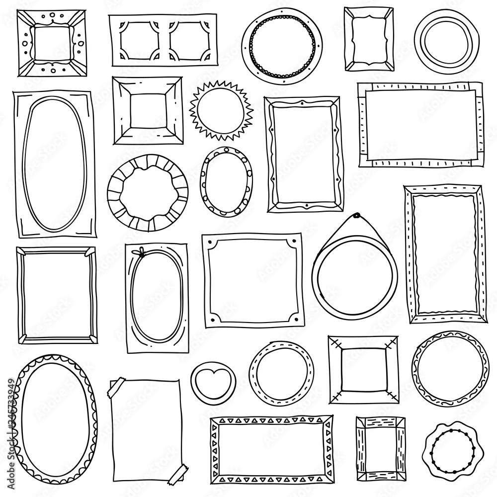 Doodle photo frame. Hand drawn square oval picture frames, scrapbook scribble journaling borders. Retro sketch
