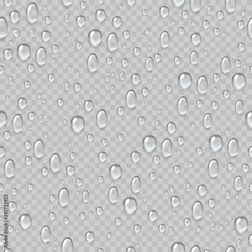 Water drops seamless pattern. Rain droplets on window fogged glass. Fresh drop raindrops. Condensation watering isolated