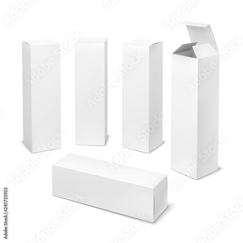 Tall white box. Cardboard cosmetic boxes rectangular blank package with shadows medicine product vertical forms