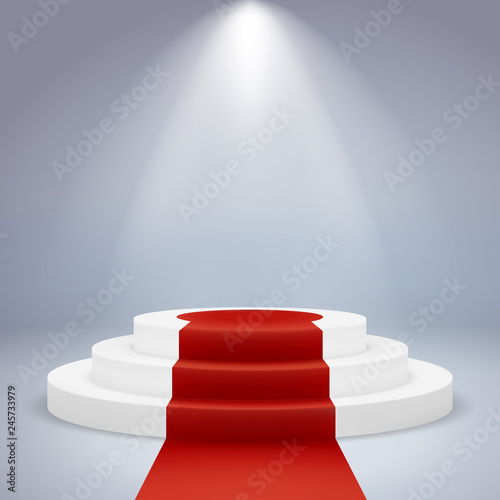 Realistic podium. Pedestal award winner ceremony first vip prestige spotlight carpet red, white round, vector image