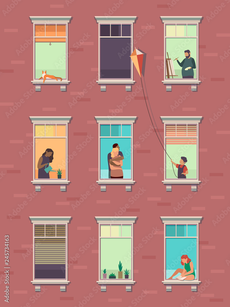 Windows with people. Opened window neighbors people communicate apartment building exterior exercising at home morning