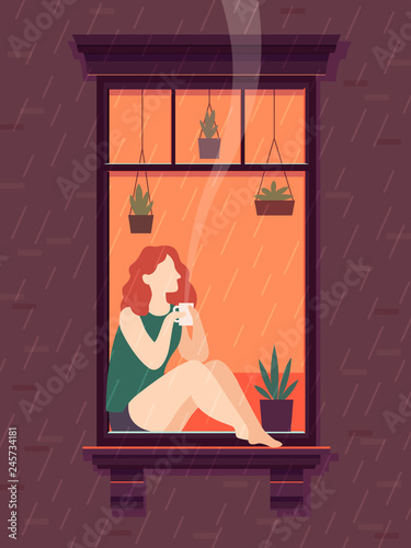 Girl at window with coffee. Windows person enjoy drinking coffee tea cup lonely time, cartoon vector illustration