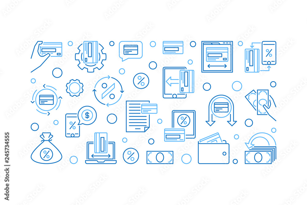Cashback vector horizontal banner - cash back concept blue illustration in thin line style on white background Cashback vector horizontal banner - cash back concept blue illustration in thin line style on white background