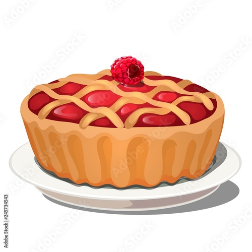 Delicious fresh berry pie with raspberry on top isolated on white background. Vector cartoon close-up illustration.