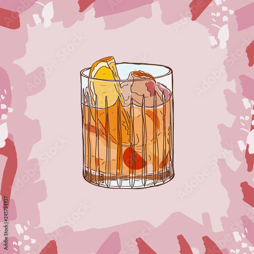 Old fashioned cocktail illustration. Alcoholic bar drink hand drawn vector. Pop art
