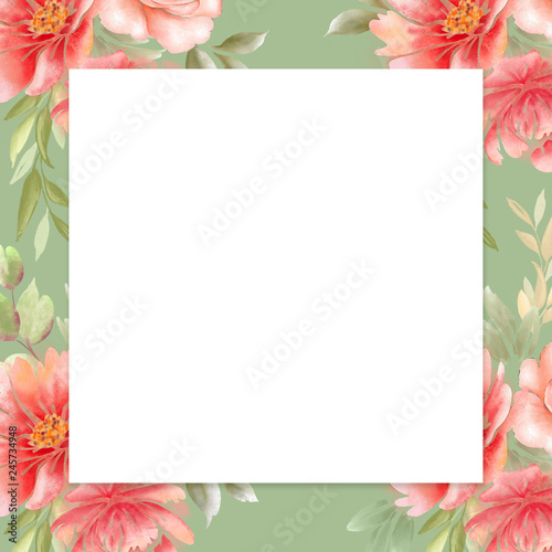 frame from drawings of flowers with leaves on a green background. frame with roses and peonies