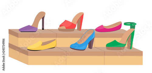 Shoe boxes with woman s footwear. Stylish modern woman s shoes on boxes, side view. Shoes in a store. Vector flat illustration.