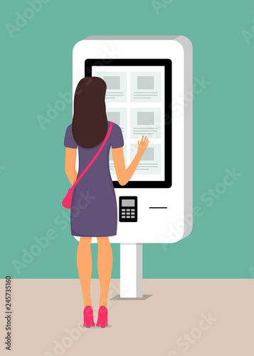 Woman using self-service payment and information electronic terminal with touch screen. Vector illustration in flat style.