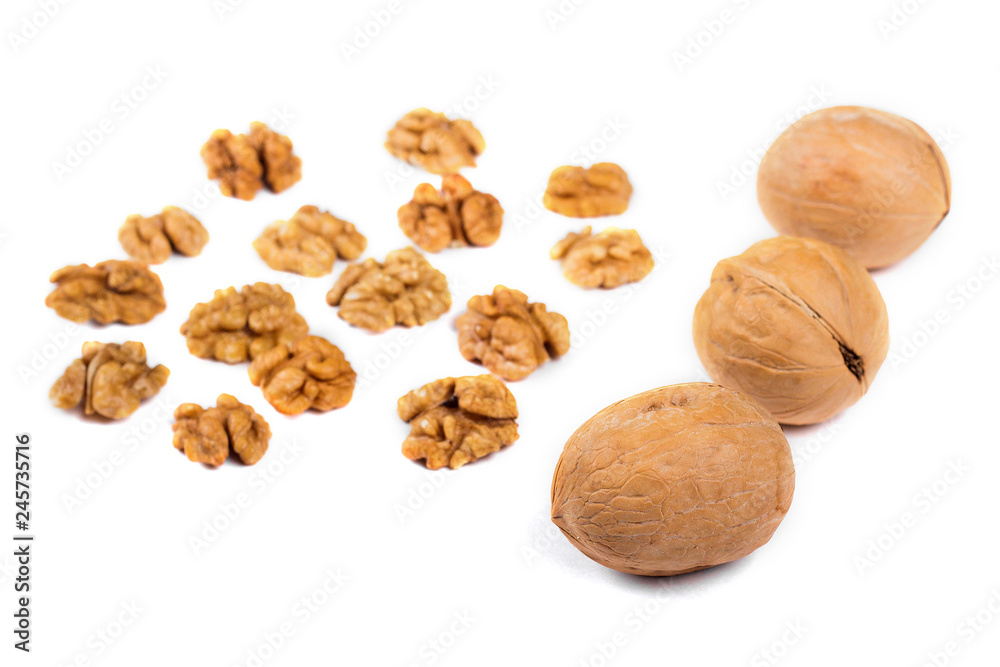 Walnuts and kernels isolated on white background
