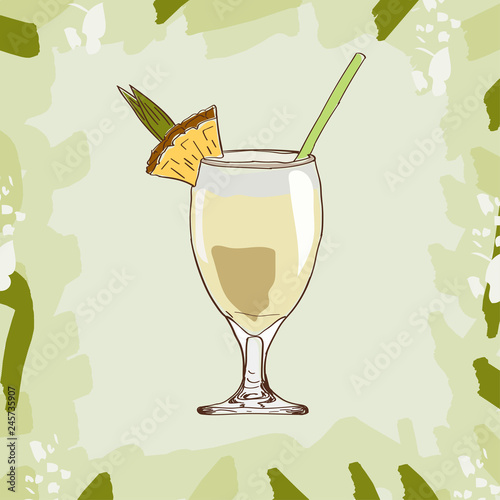 Pina Colada cocktail illustration. Alcoholic bar drink hand drawn vector. Pop art