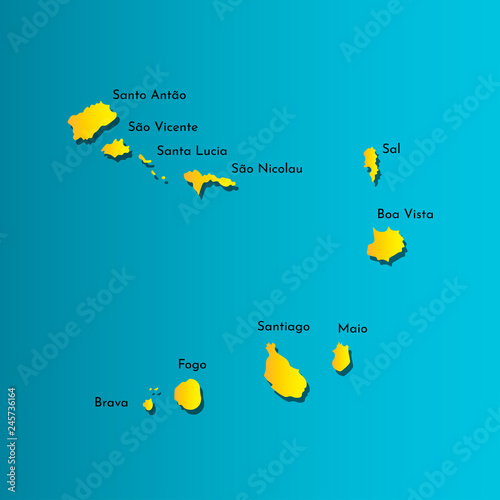 Political map African state - Cabo Verde.  Colorful vector isolated illustration icon. Yellow (orange) silhouette with shadow. Blue background