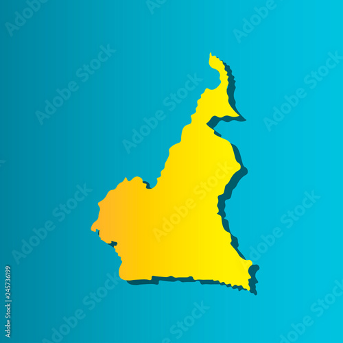 Political map African state - Cameroon.  Colorful vector isolated illustration icon. Yellow  orange  silhouette with shadow. Blue background
