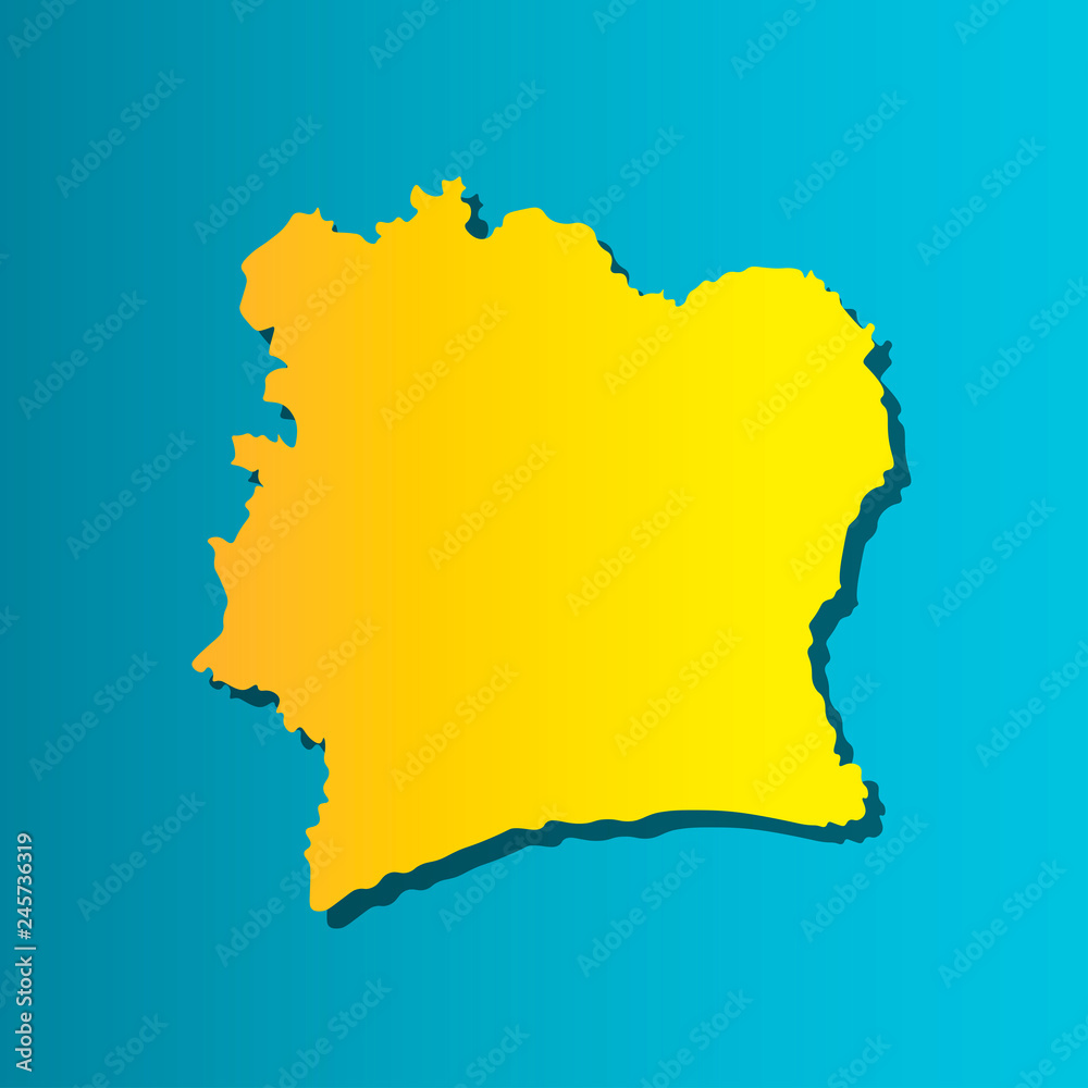 Fototapeta premium Political map African state - Cote D'ivoire (Ivory Coast). Colorful vector isolated illustration icon. Yellow (orange) silhouette with shadow. Blue background
