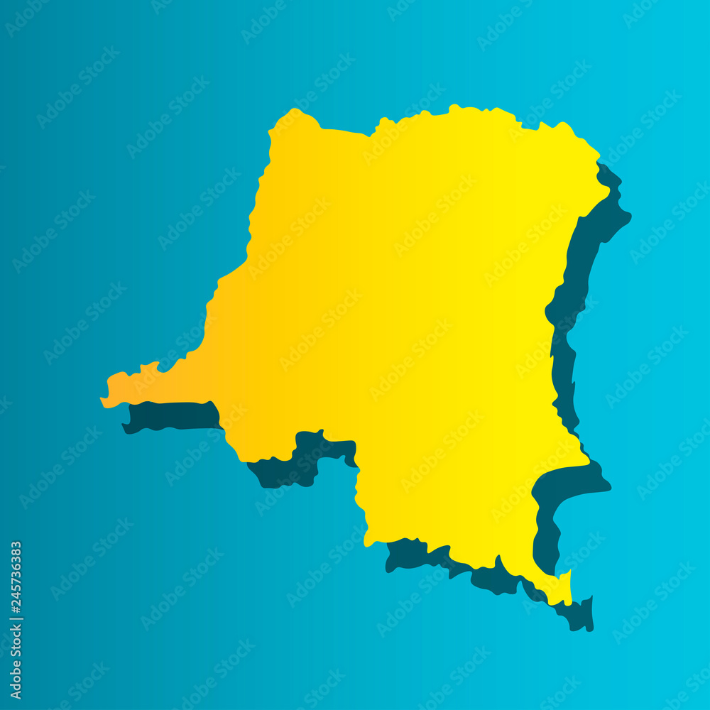 Fototapeta premium Political map African state - Democratic Republic of the Congo. Colorful vector isolated illustration icon. Yellow (orange) silhouette with shadow. Blue background