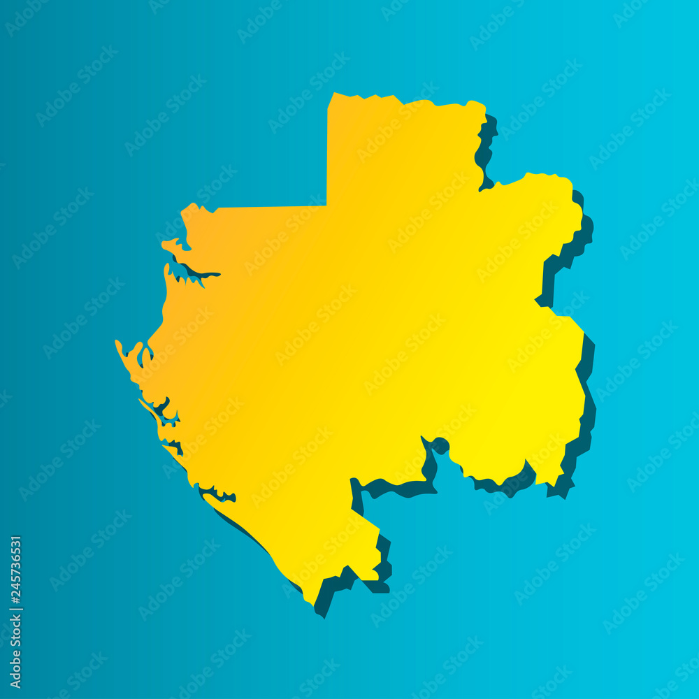 Political map African state - Gabon .  Colorful vector isolated illustration icon. Yellow (orange) silhouette with shadow. Blue background