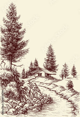 Idyllic landscape hand drawing.  A footpath to the house sketch