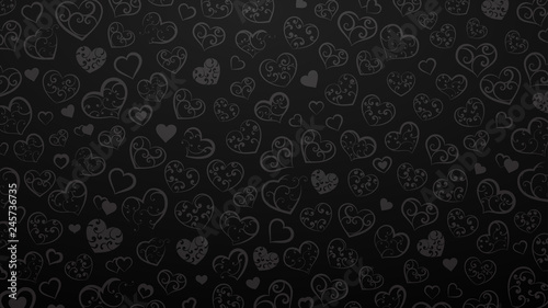 Background of small hearts with ornament of curls, in black colors