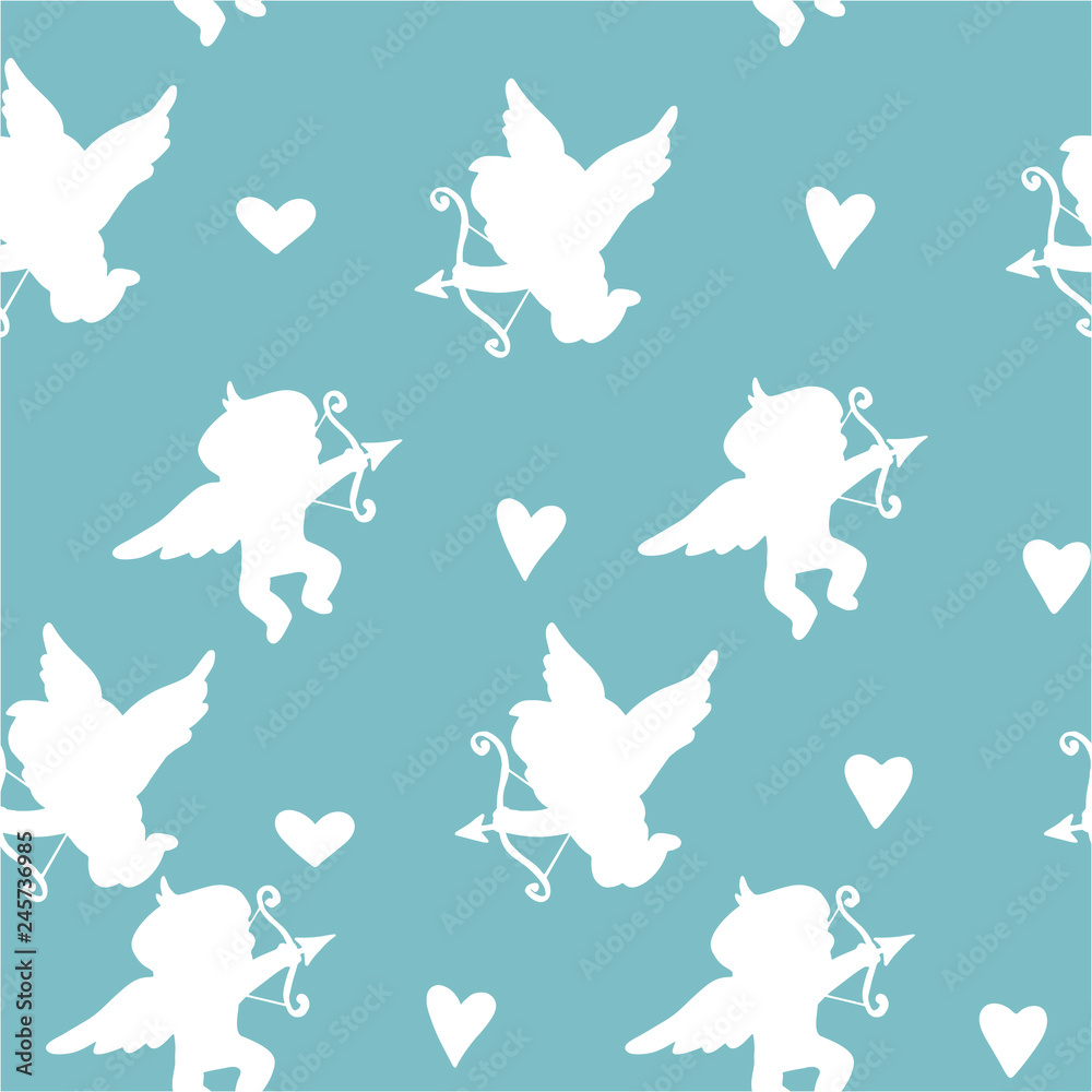 Seamless background with angels, cupids and hearts. Silhouettes. pink, blue, doodle