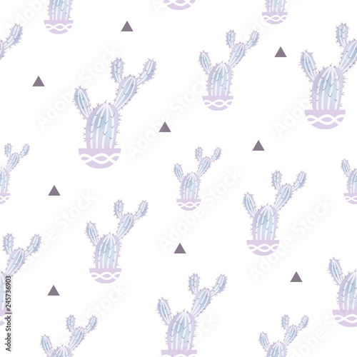 Vector seamless pattern with cactus and triangle. Cute violet cactus. Repeating hand drawn background. © Alody