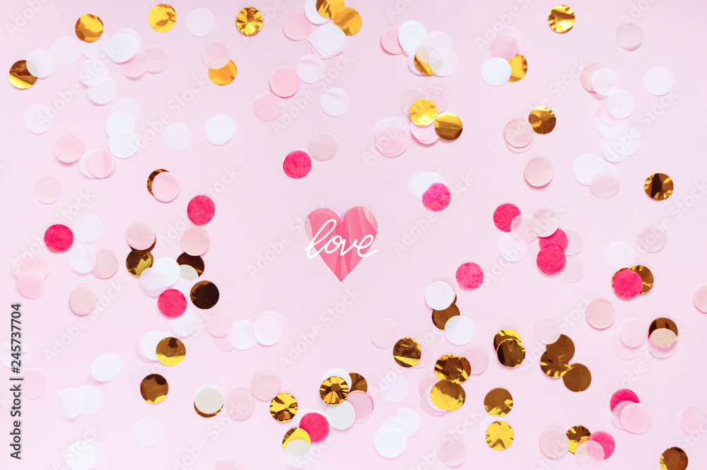 Valentines day, love pink greeting background. Flat lay with colorful dot pattern. Gold, red, pink and white circles. Romantic theme, bright abstract confetti template with space for text.