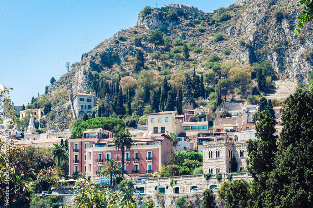 View of Taormina from Parco Colonna, Sicily, Italy.