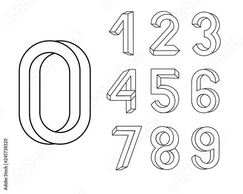 Impossible shape font. Memphis style letters. Colored numbers in the style of the 80s. Set of vector numbers constructed on the basis of the isometric view.