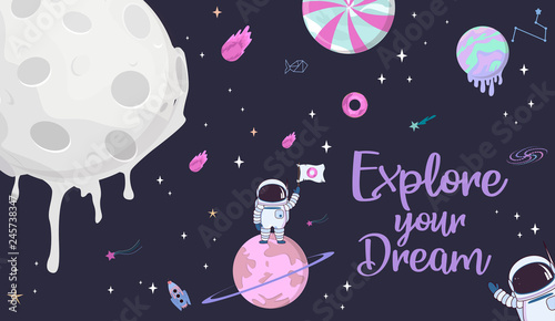 Sweet space cartoon poster with fantasy chocolate cookie, candy, donut, caramel sweets planets and astronaut. Birthday party invitation, Fantasy galaxy game concept. Editable vector illustration