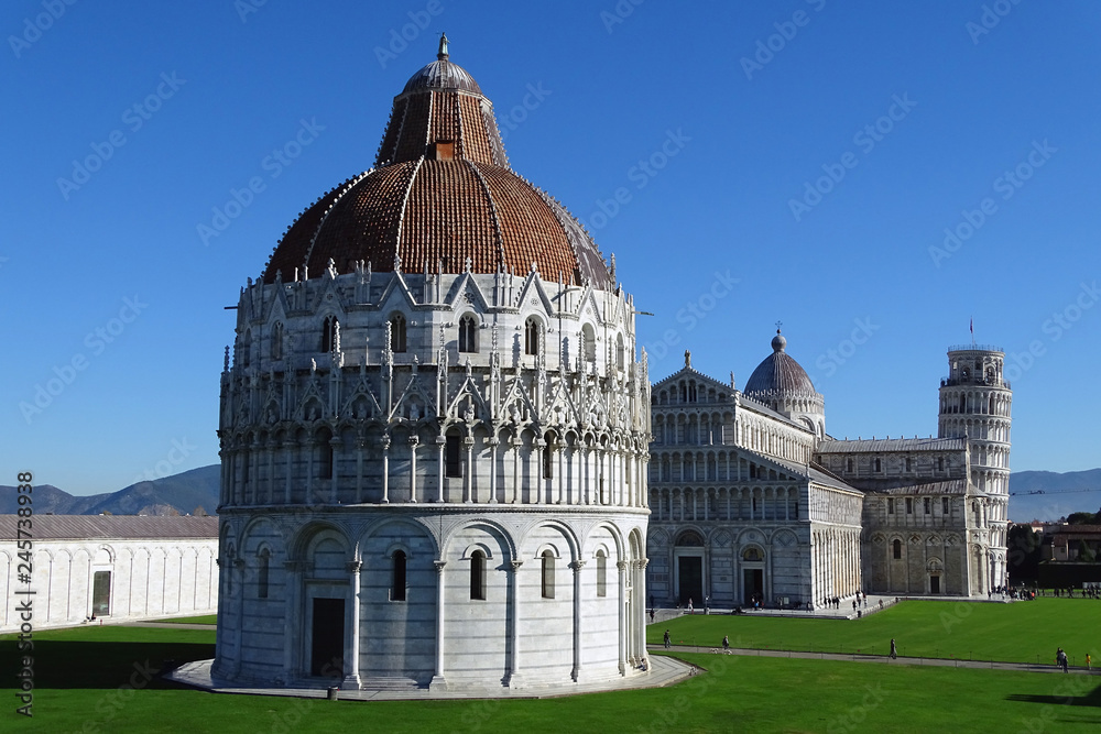 View of Piazzo del Duomo from the city wall, Pisa, Italy