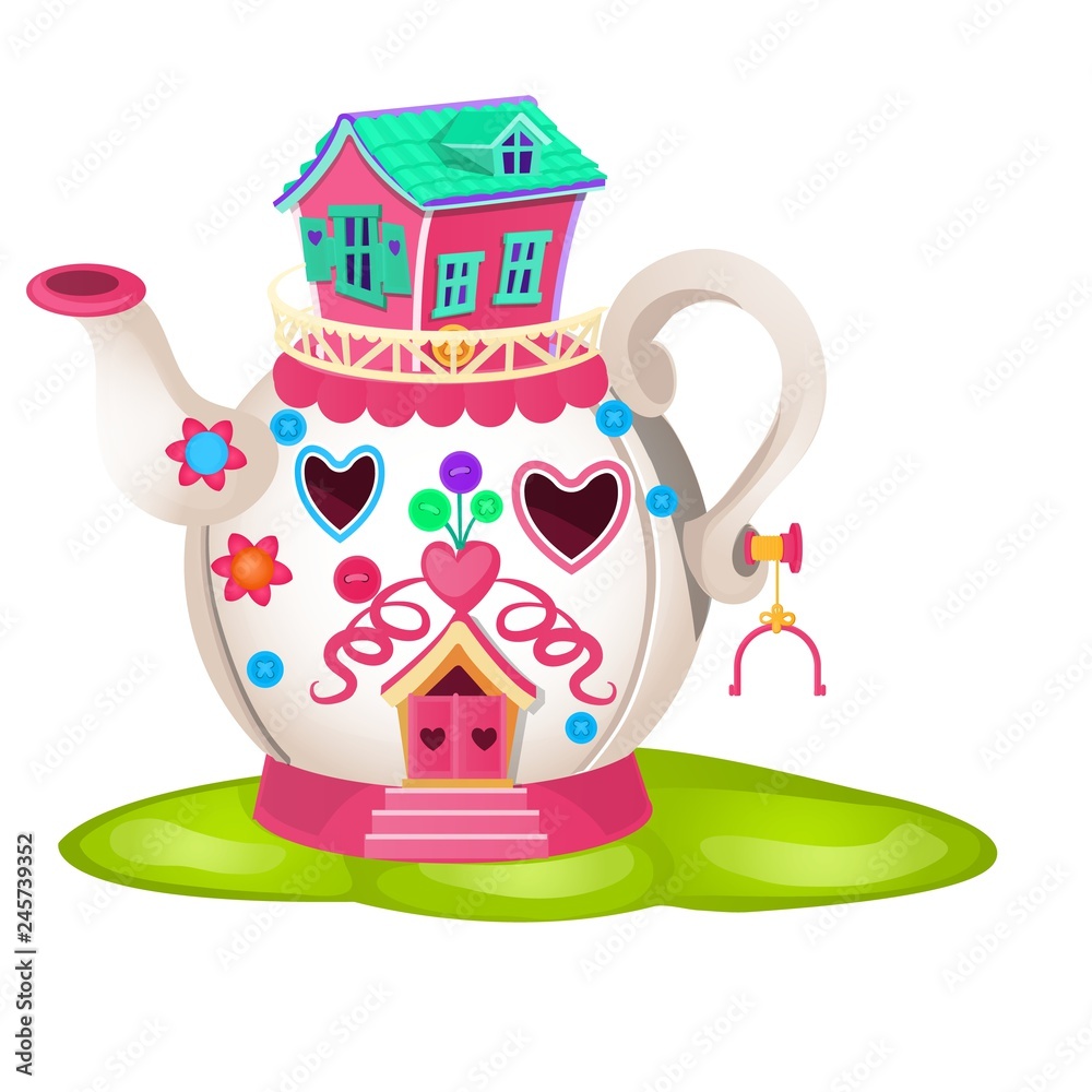 Naklejka premium Fairy house in form of ceramic teapot isolated on white background. Vector close-up cartoon illustration.