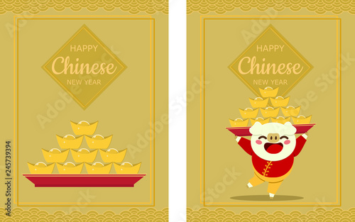 Set of happy Chinese new year greeting cards. Chinese ancient gold bullion nugget on red tray and a cute pig character holding a plate with gold bars for the meanings of wealth and prosperity. Vector.