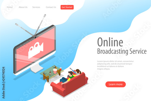 Isometric flat vector landing page template of smart TV, home entertainment, movie online, streaming.