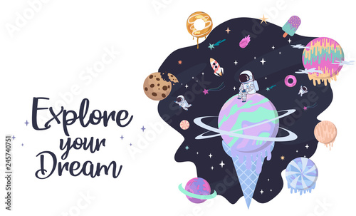 Sweet space cartoon poster with fantasy chocolate cookie, candy, donut, caramel sweets planets and astronaut. Birthday party invitation, Fantasy galaxy game concept. Editable vector illustration