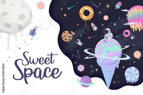 Sweet space cartoon poster with fantasy chocolate cookie, candy, donut, caramel sweets planets and astronaut. Birthday party invitation, Fantasy galaxy game concept. Editable vector illustration