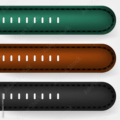 Leather strap on a wristwatch. Black, brown and green leather