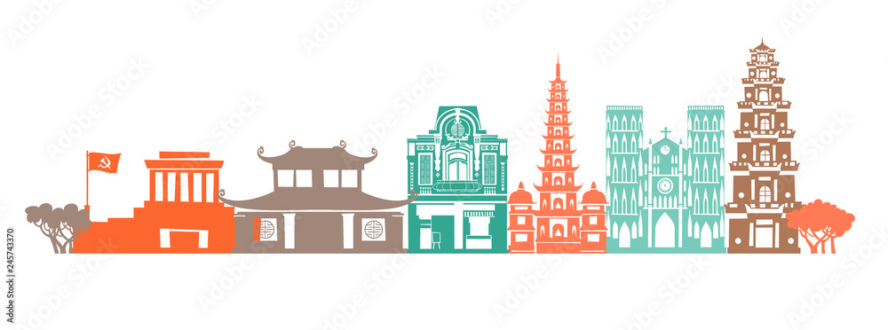 Vietnam skyline vector. Panoramic abstract street view. Travel and tourism background. Vector illustration Vietnamese landmark contour illustration