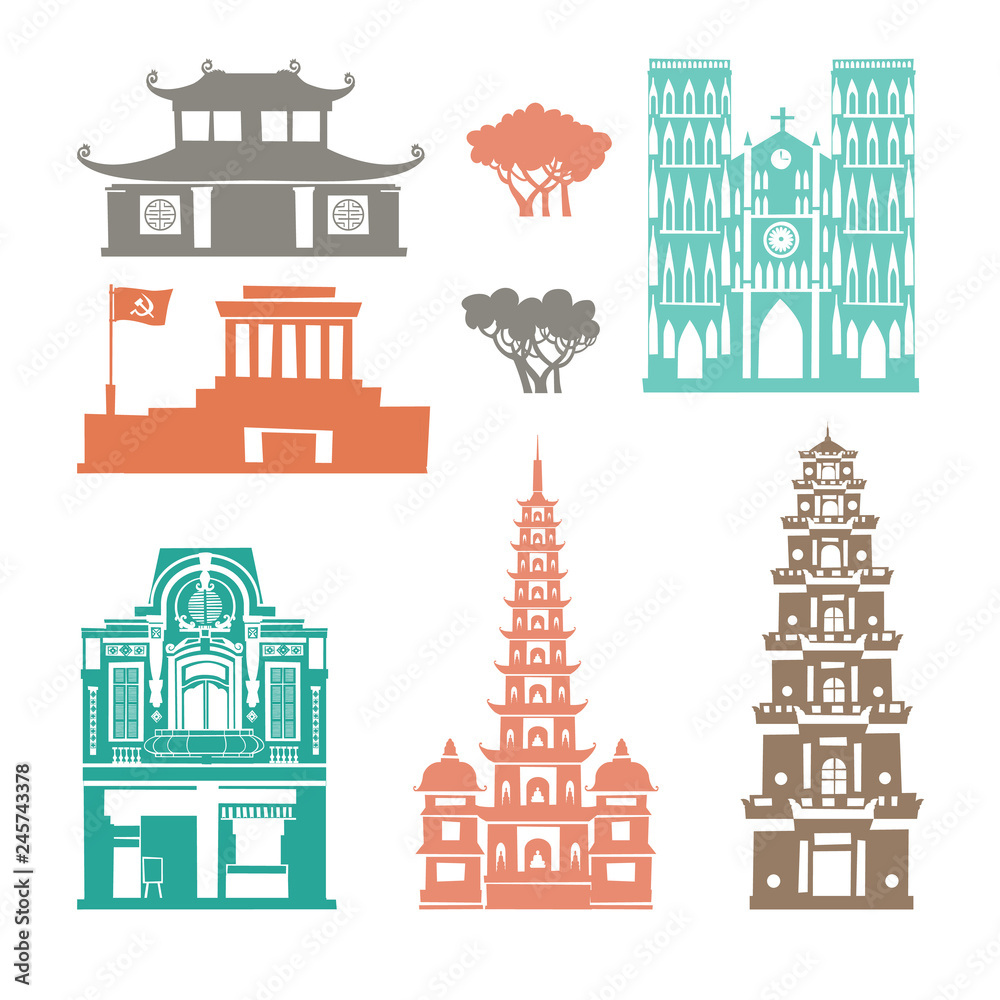 Vietnam landmark vector set. Contour cartoon icon. Travel collection about Vietnam. Vietnamese  architecture. Asian travel attraction, isolated on white background