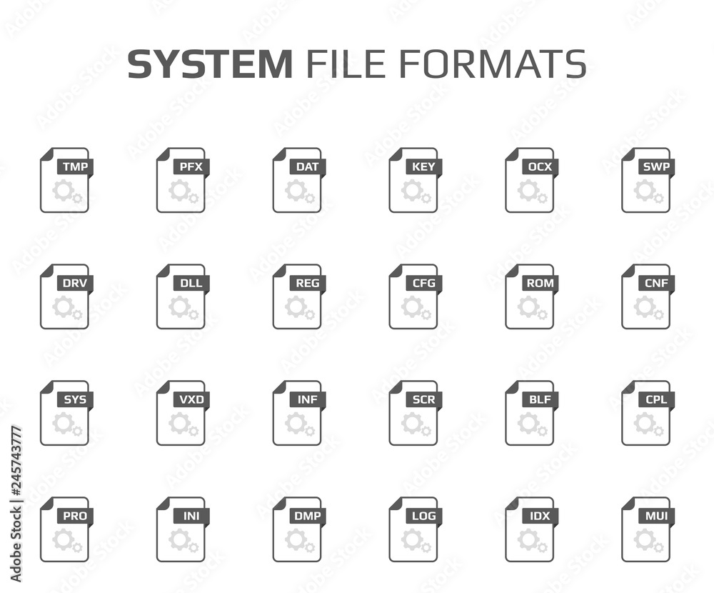 Flat style icon set. System file type, extencion. Document format. Pictogram. Web and multimedia. Computer technology.