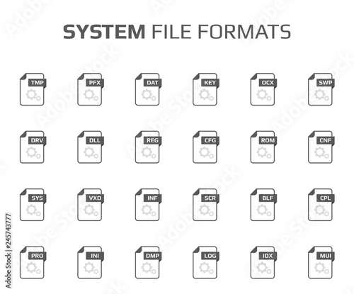 Flat style icon set. System file type, extencion. Document format. Pictogram. Web and multimedia. Computer technology. © azvector