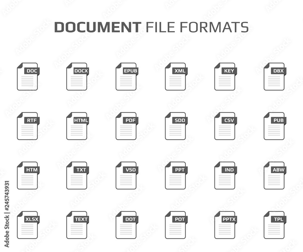 Flat style icon set. Document, text file type, extencion. Document format. Pictogram. Web and multimedia. Computer technology.