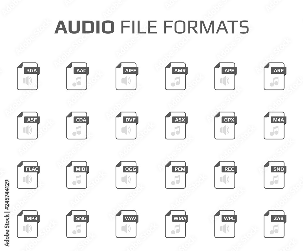 Flat style icon set. Audio, song, voice recording file type, extencion. Document format. Pictogram. Web and multimedia. Computer technology.