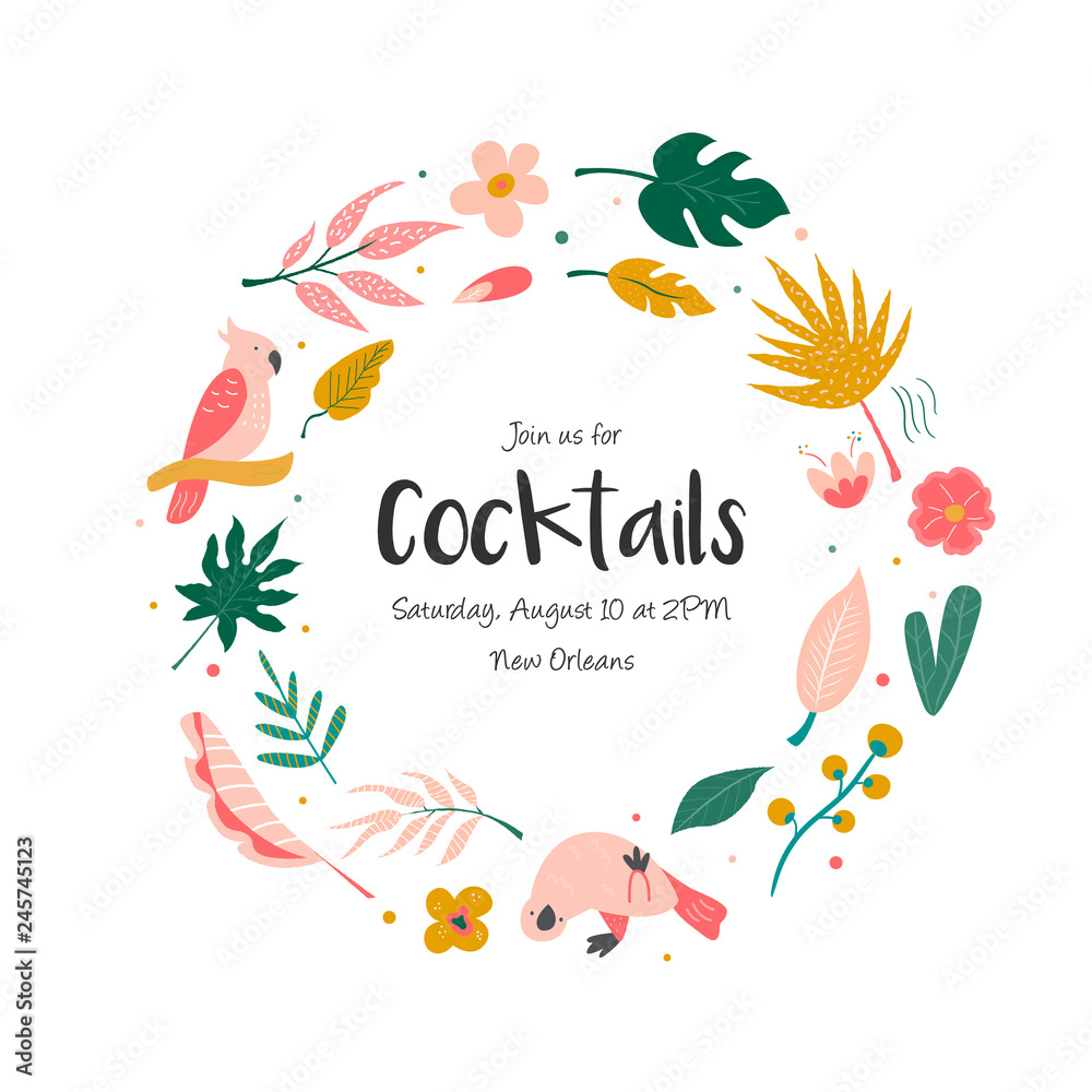 Cocktail invitation with flowers, birds and palm leaves. Cocktail invitation with flowers, birds and palm leaves.