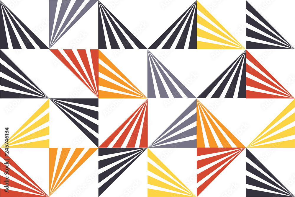 Seamless, abstract background pattern made with stripes forming triangle shapes. Playful, modern vector art. Grey, orange, yellow and black colors on white background.