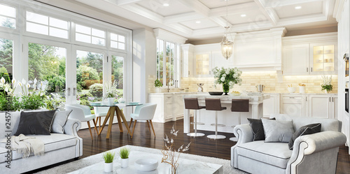 Luxurious white kitchen and living room in a big house